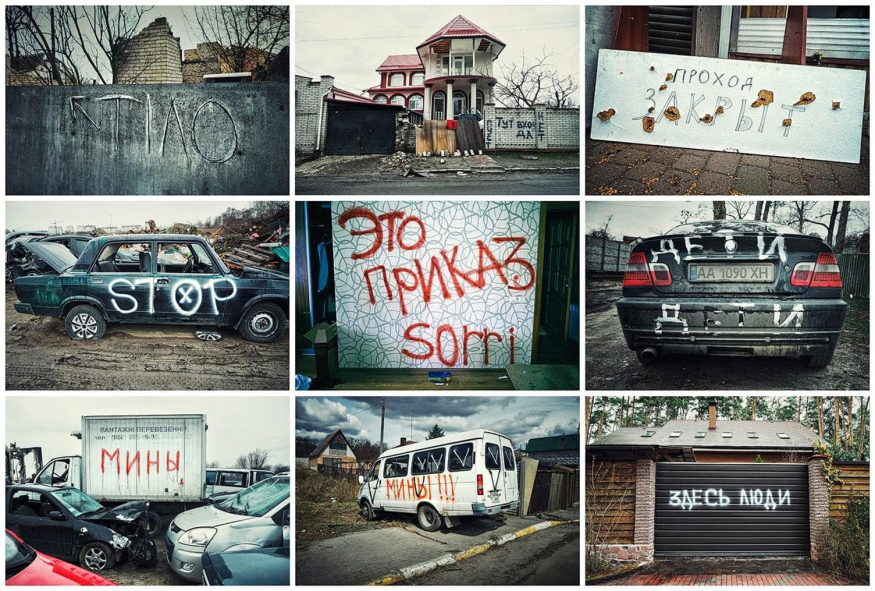 Колаж вивісок на автомобілях і будівлях у Бучі та Бучанському районі після звільнення українськими військами. Квітень 2022 року. Фото: Альона Гром