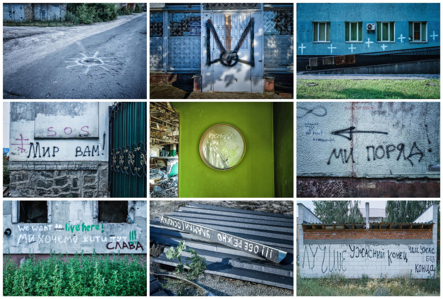 Колаж вивісок на автомобілях і будівлях у Бучі та Бучанському районі після звільнення українськими військами. Квітень 2022 року. Фото: Альона Гром