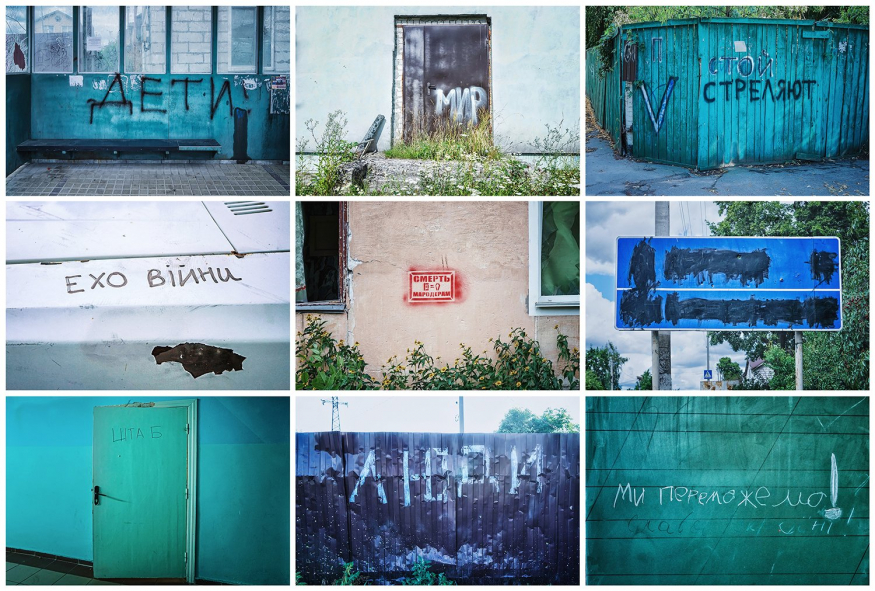 Колаж вивісок на автомобілях і будівлях у Бучі та Бучанському районі після звільнення українськими військами. Квітень 2022 року. Фото: Альона Гром
